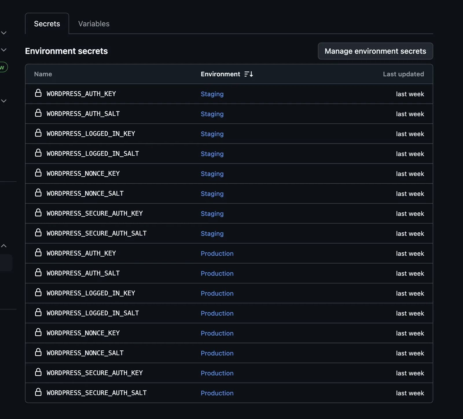 GitHub環境変数設定画面