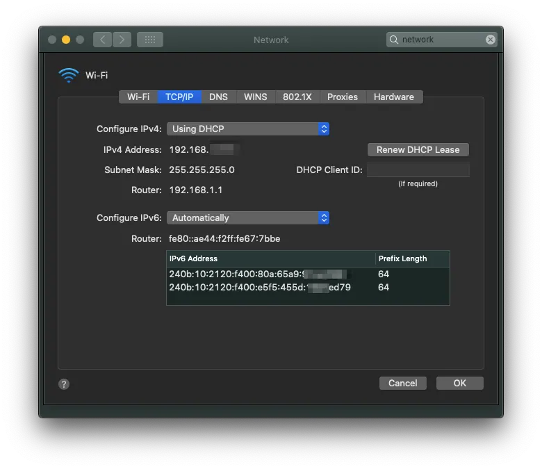 macOSのIPv6アドレス表示