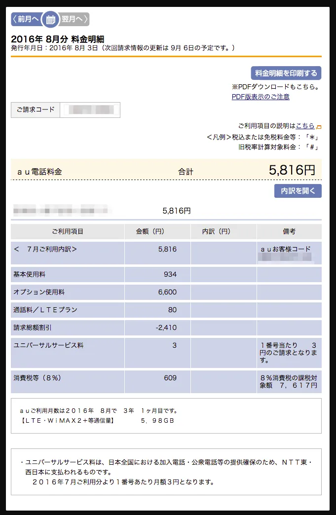 au契約時の月額料金