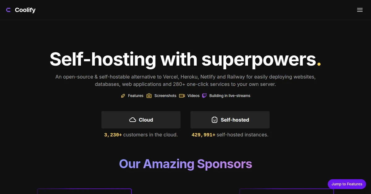 Coolifyのトップページ。「Self-hosting with superpowers.」429,991以上のセルフホストインスタンスが稼働中
