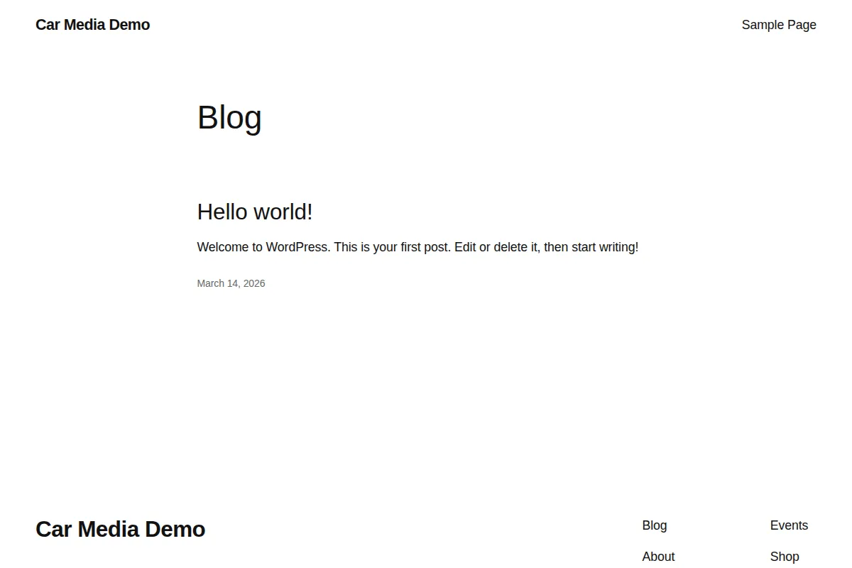 デフォルトテーマ（Twenty Twenty-Five）のWordPress。Hello world!の記事だけが表示されている