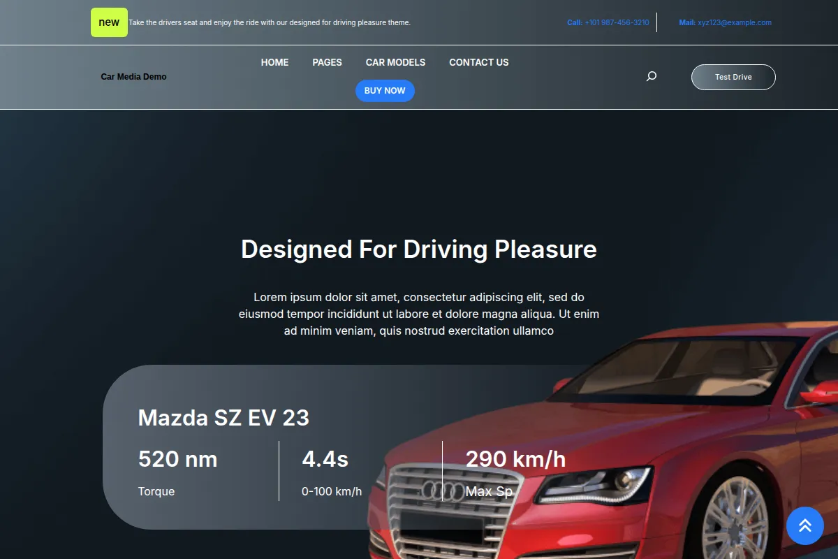 Automobile Car Shopテーマを適用した車メディアサイト。ダークなヘッダーに車の画像、「Designed For Driving Pleasure」のヒーローセクション、スペック表示が映える