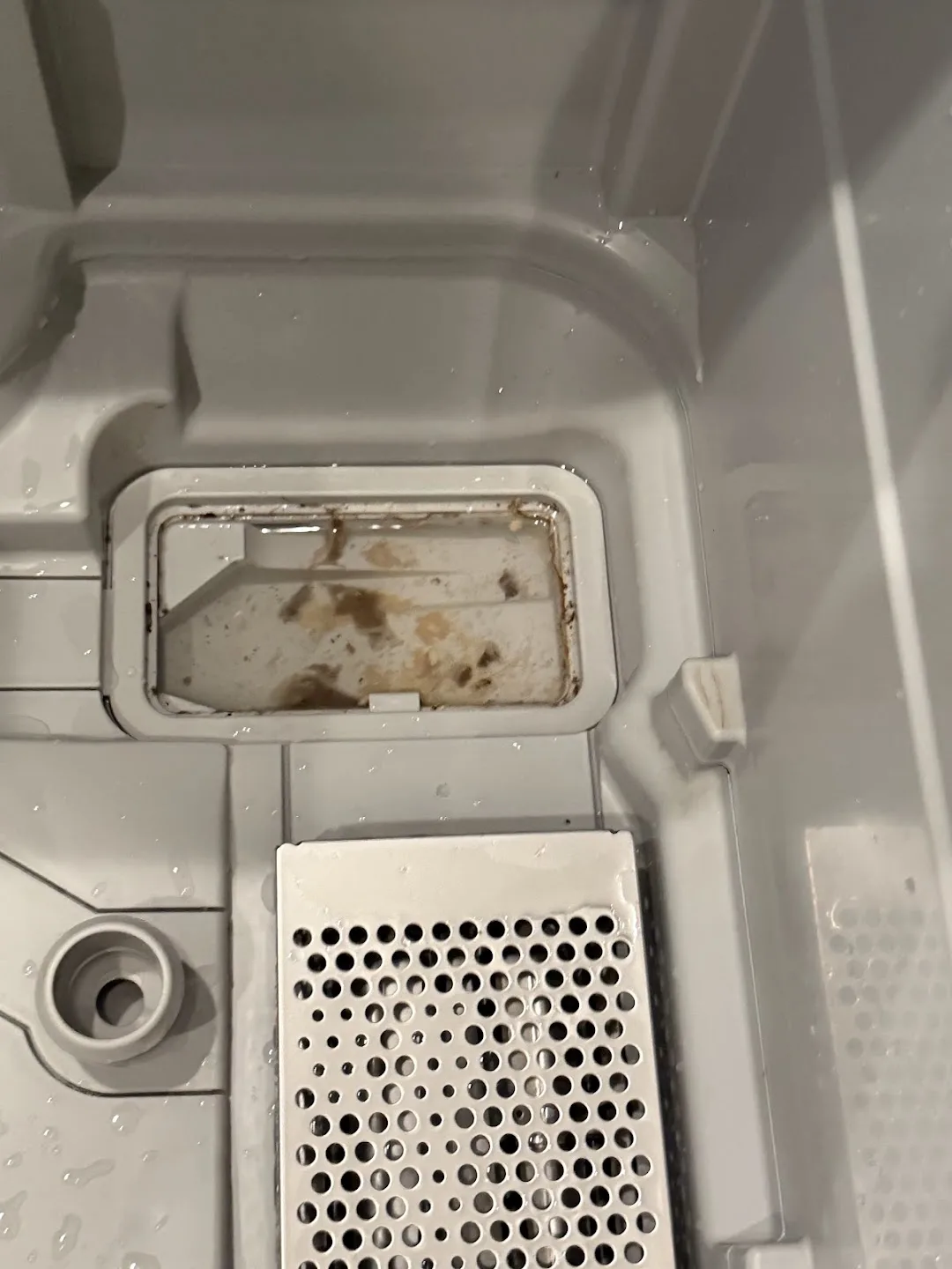 食洗機庫内の排水トラップのふたの部分。四角い凹みの底に茶色い汚れがこびりついている