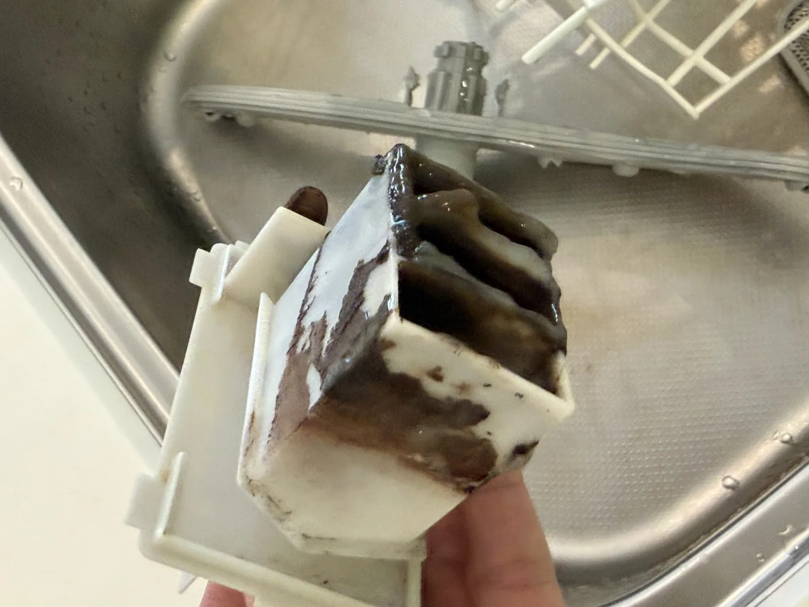取り外した排水トラップの部品。溝という溝に黒褐色のヘドロがゼリー状に詰まっている