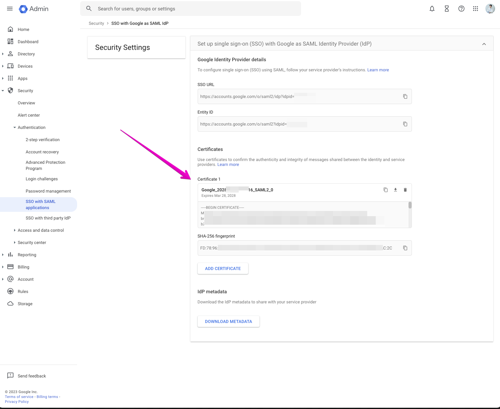 Google Workspace SSO証明書設定