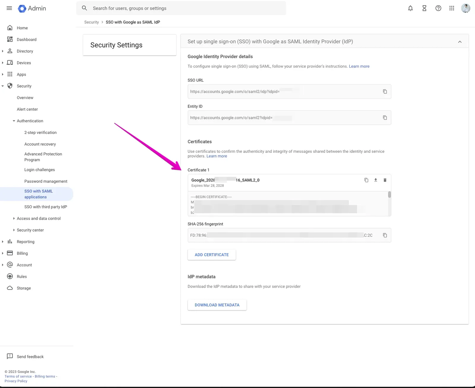 Google Workspace SSO証明書設定
