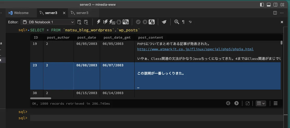 NotebookのSQL実行画面