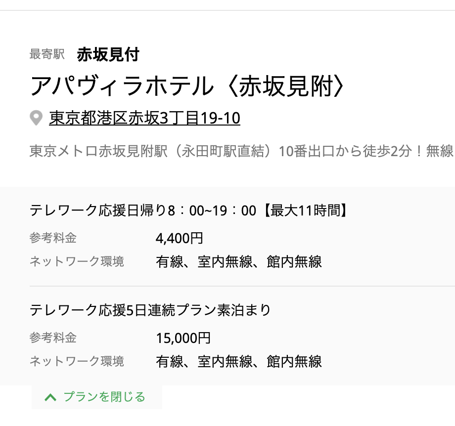 1週間15000円のホテルワークプラン
