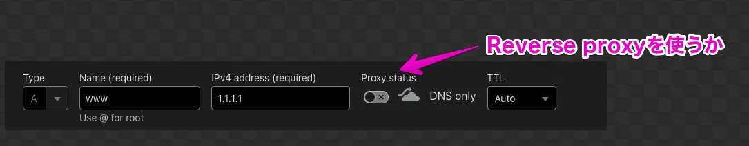 DNSレコード追加画面