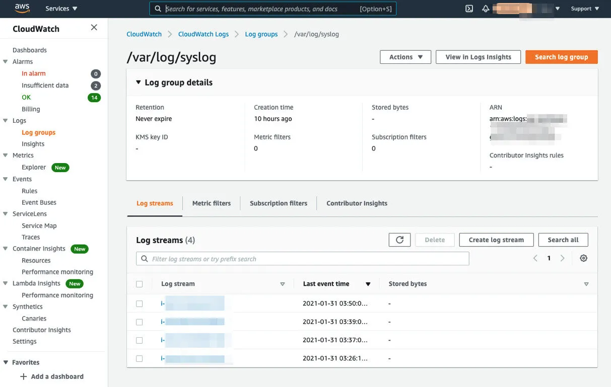 CloudWatch Logsのストリーム一覧