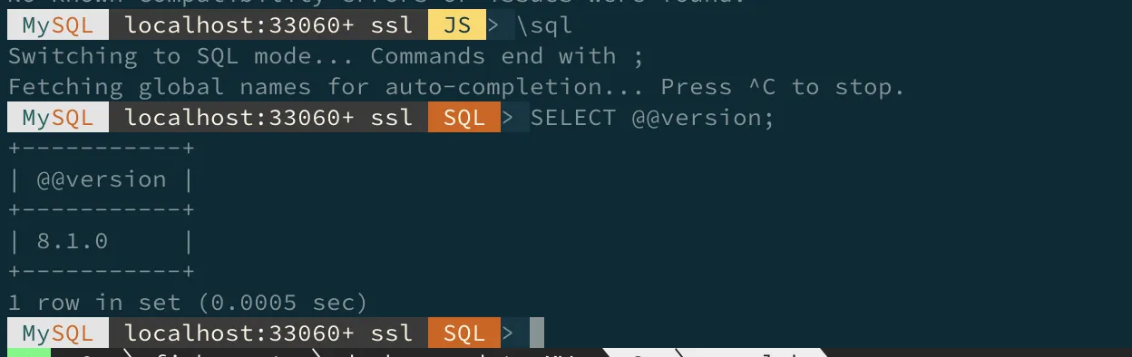 MySQL 8.1バージョン確認画面