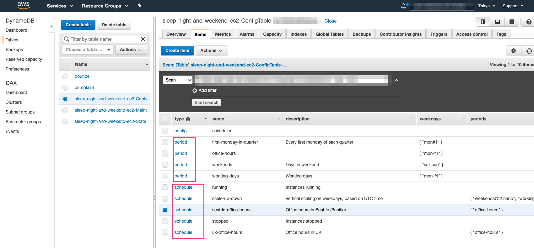 DynamoDBテーブルの設定