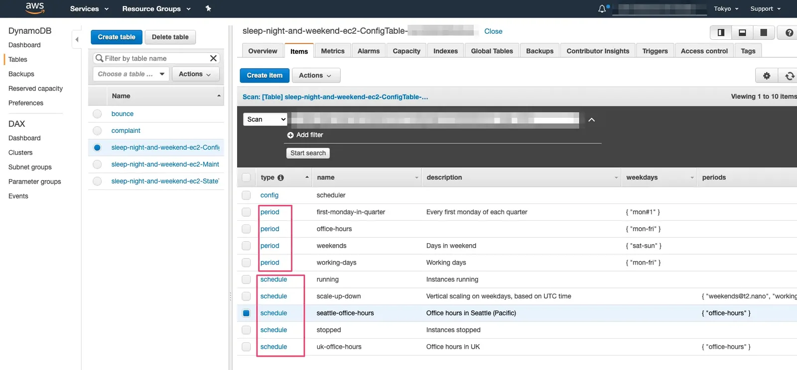 DynamoDBテーブルの設定