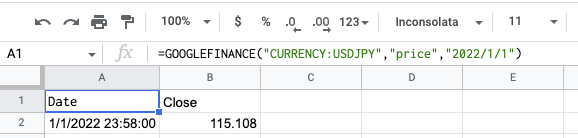 GOOGLEFINANCE関数の結果がテーブルで表示される