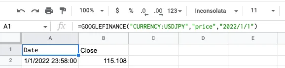GOOGLEFINANCE関数の結果がテーブルで表示される
