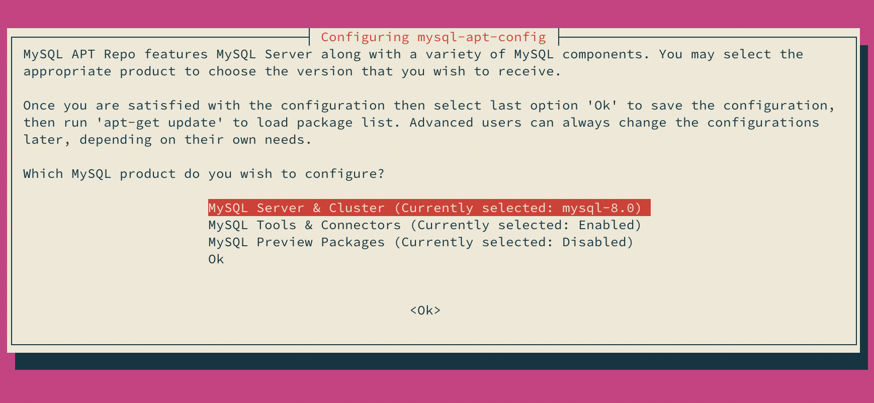 mysql-apt-configプロダクト選択画面