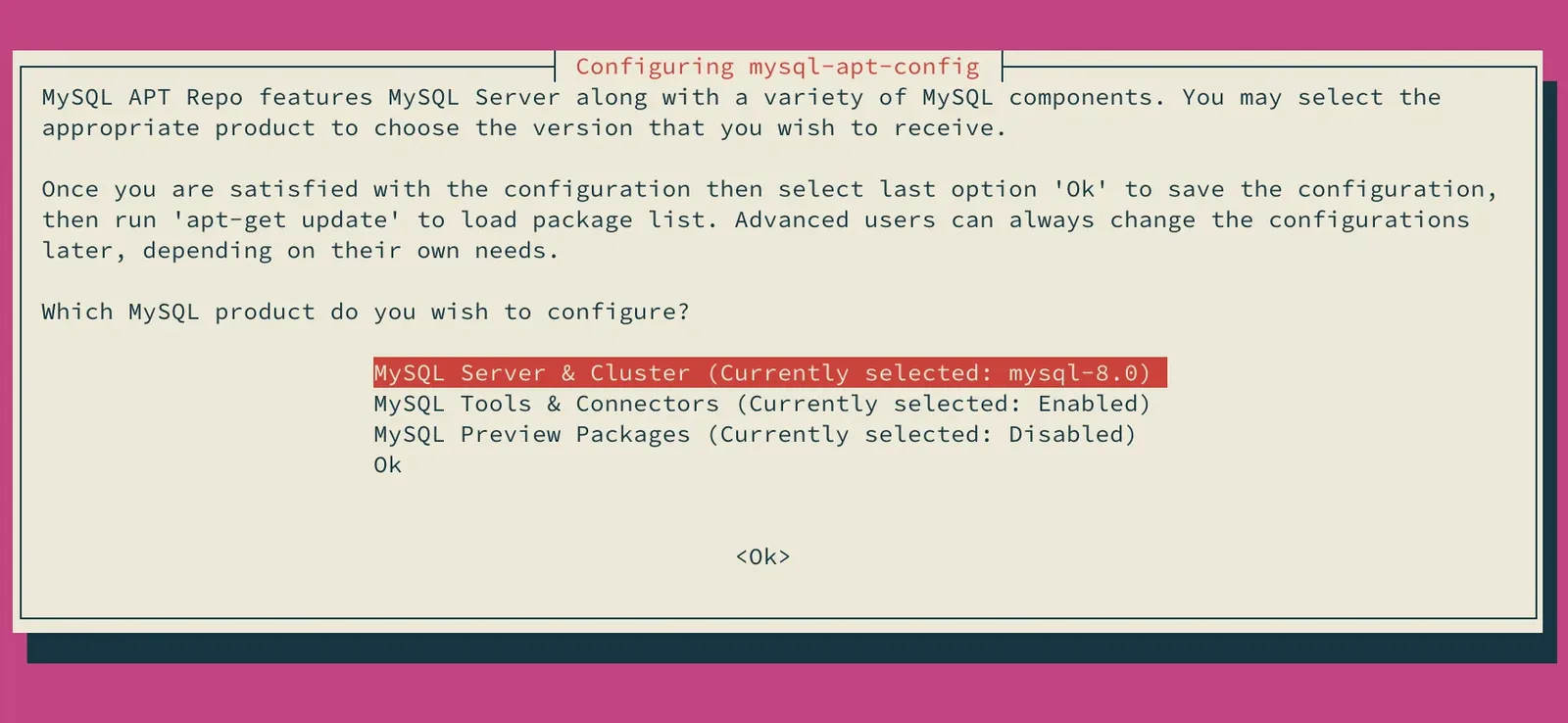 mysql-apt-configプロダクト選択画面