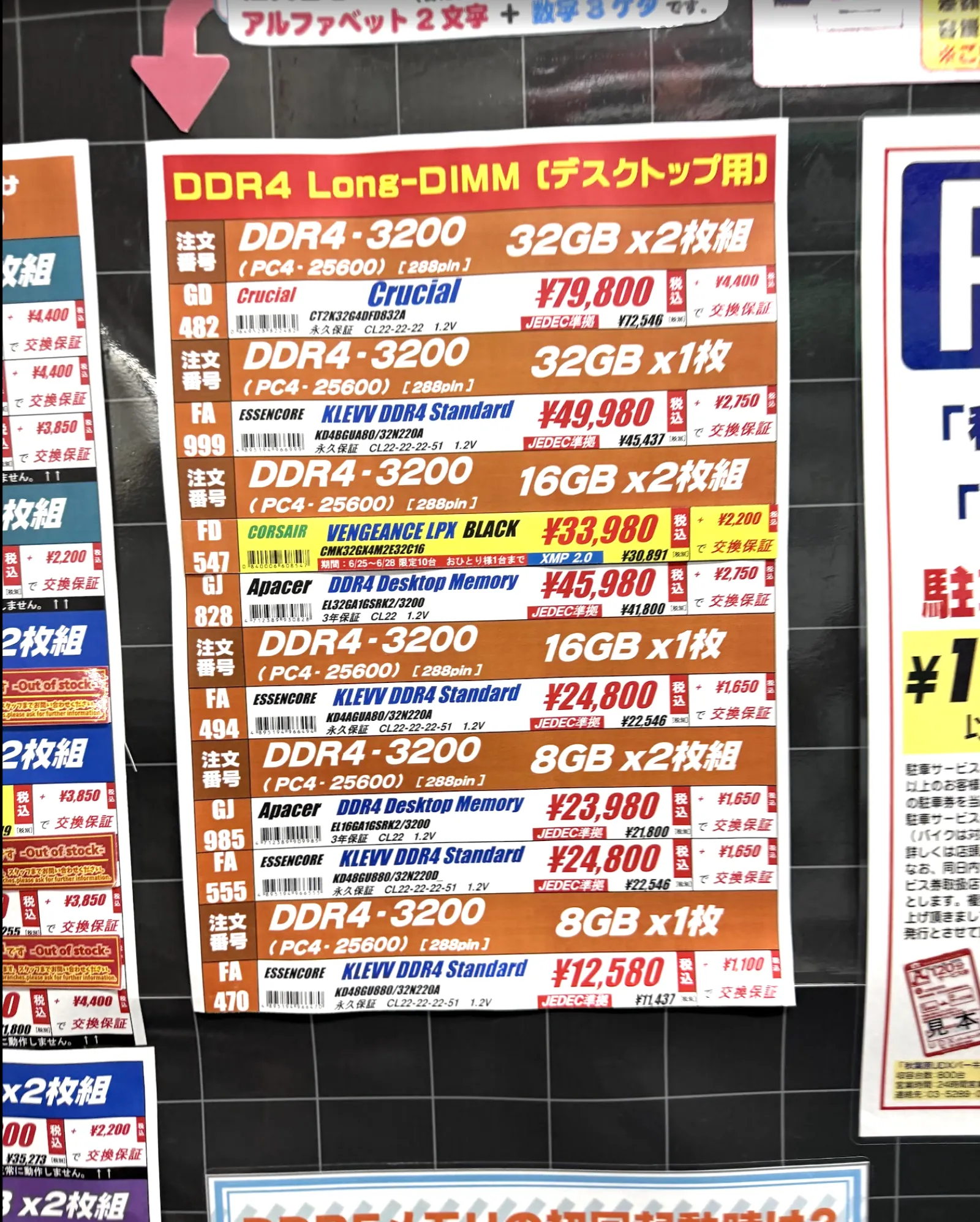 秋葉原の店頭にある DDR4 Long-DIMM の価格表。DDR4-3200 16GB×2 が ¥33,980、8GB×1 が ¥12,580