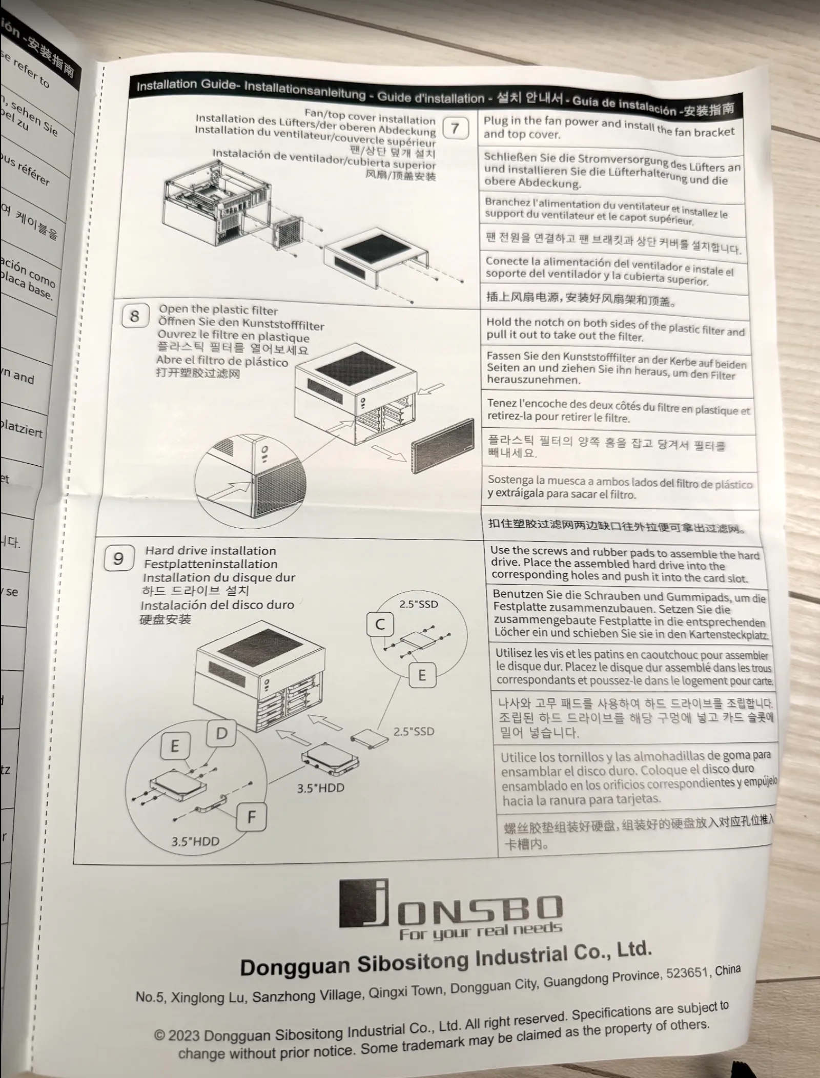 JONSBO N4 の説明書 手順 7〜9。ファンとトップカバーの取り付け、ダストフィルターの取り外し、HDD の取り付け