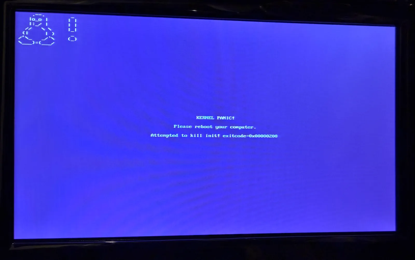 Ubuntu が KERNEL PANIC で停止した画面。Attempted to kill init と表示されている